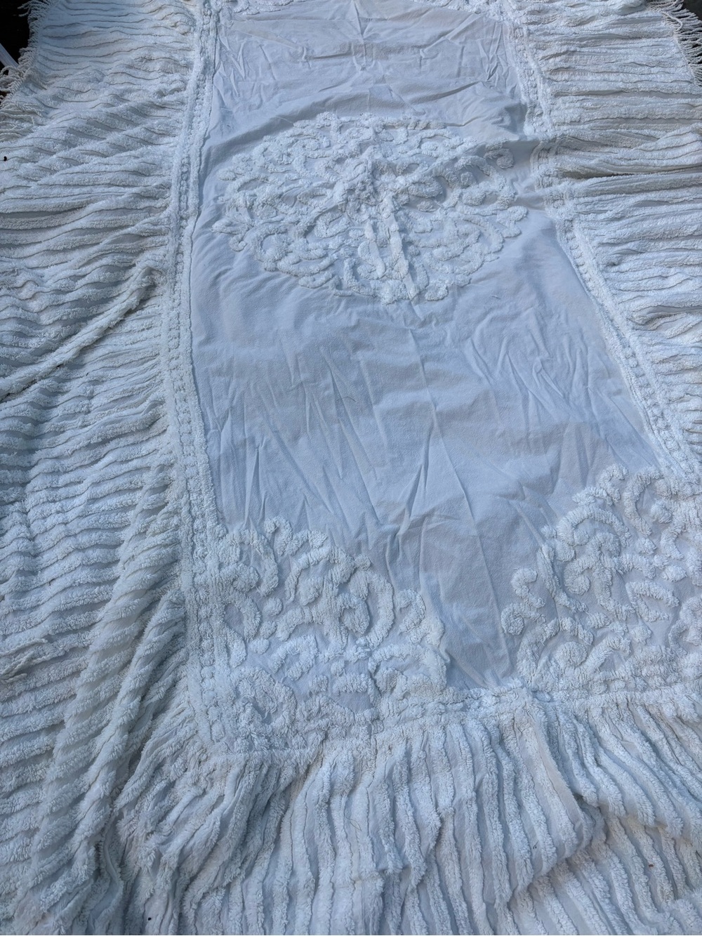Vintage White Chenille Fringe Throw with Tufted Medallions